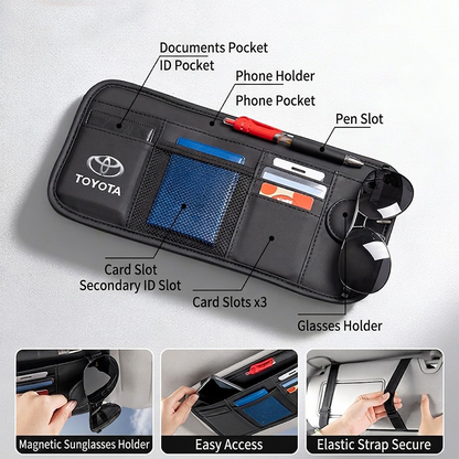 Car Sun Visor Leather Organizer Pouch with Magnetic Sunglasses Clip