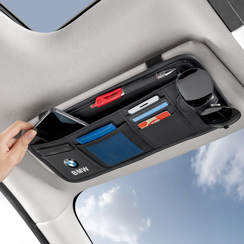 Car Sun Visor Leather Organizer Pouch with Magnetic Sunglasses Clip