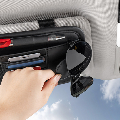Car Sun Visor Leather Organizer Pouch with Magnetic Sunglasses Clip