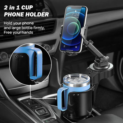 Adjustable Car Cup Holder Phone Mount with Dual Holder Design