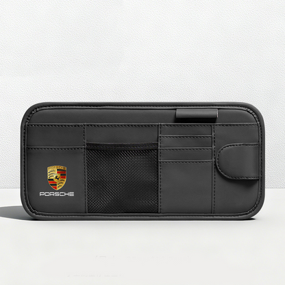 Car Sun Visor Leather Organizer Pouch with Magnetic Sunglasses Clip