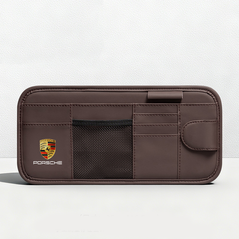 Car Sun Visor Leather Organizer Pouch with Magnetic Sunglasses Clip