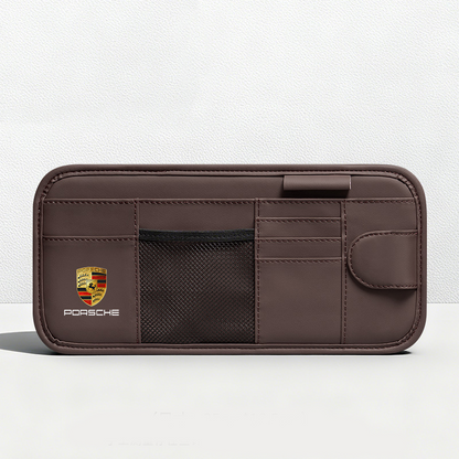 Car Sun Visor Leather Organizer Pouch with Magnetic Sunglasses Clip
