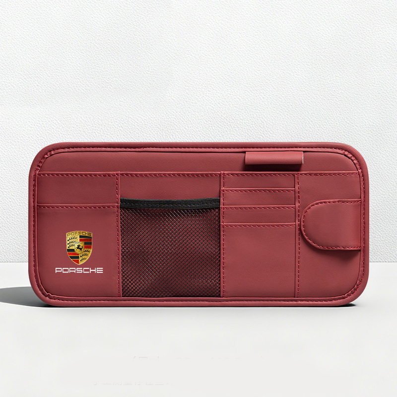 Car Sun Visor Leather Organizer Pouch with Magnetic Sunglasses Clip