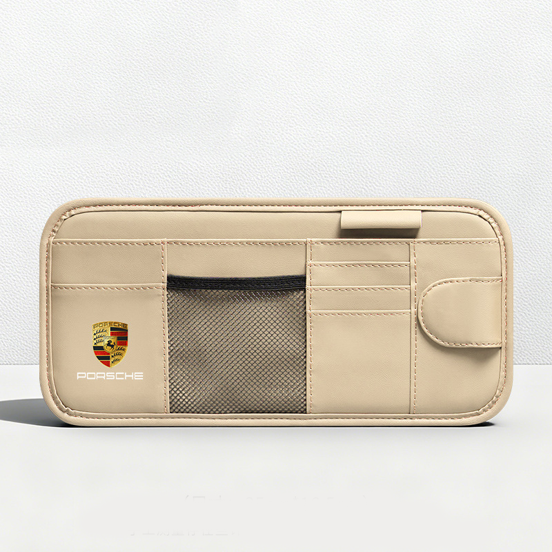 Car Sun Visor Leather Organizer Pouch with Magnetic Sunglasses Clip