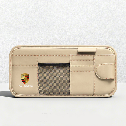 Car Sun Visor Leather Organizer Pouch with Magnetic Sunglasses Clip
