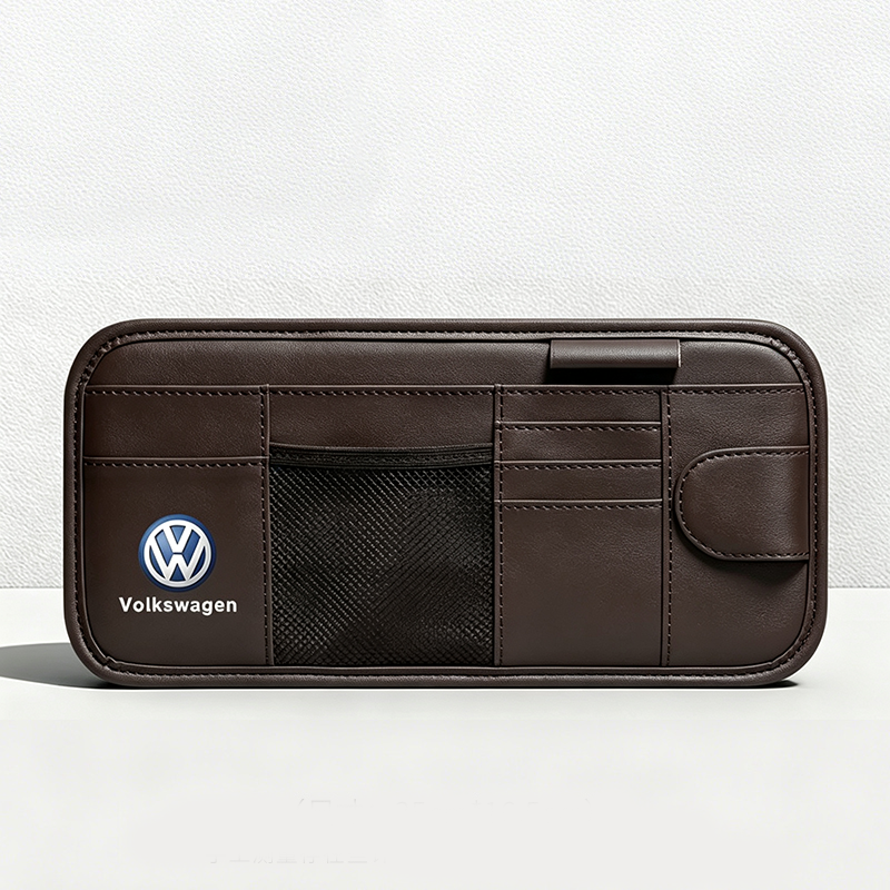 Car Sun Visor Leather Organizer Pouch with Magnetic Sunglasses Clip