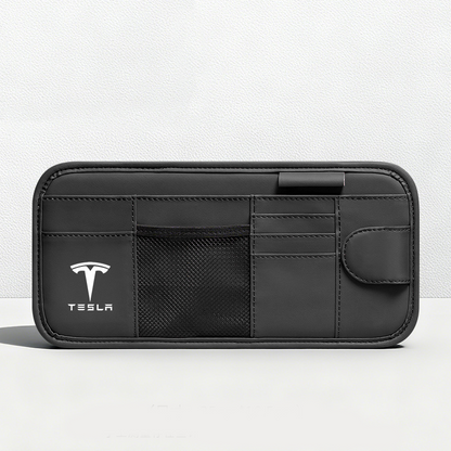 Car Sun Visor Leather Organizer Pouch with Magnetic Sunglasses Clip