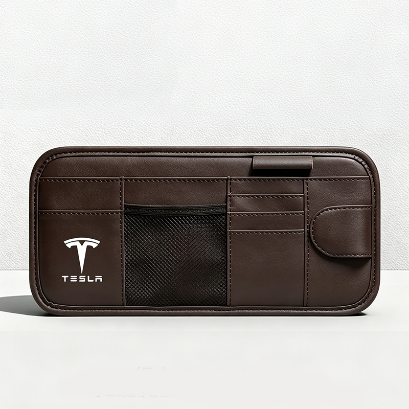 Car Sun Visor Leather Organizer Pouch with Magnetic Sunglasses Clip