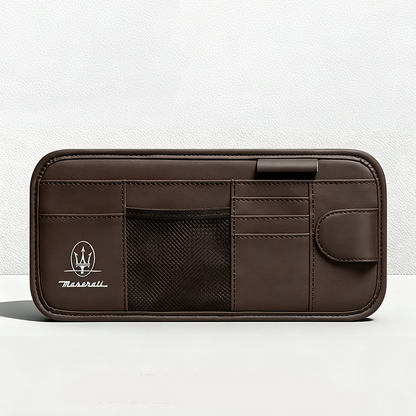 Car Sun Visor Leather Organizer Pouch with Magnetic Sunglasses Clip