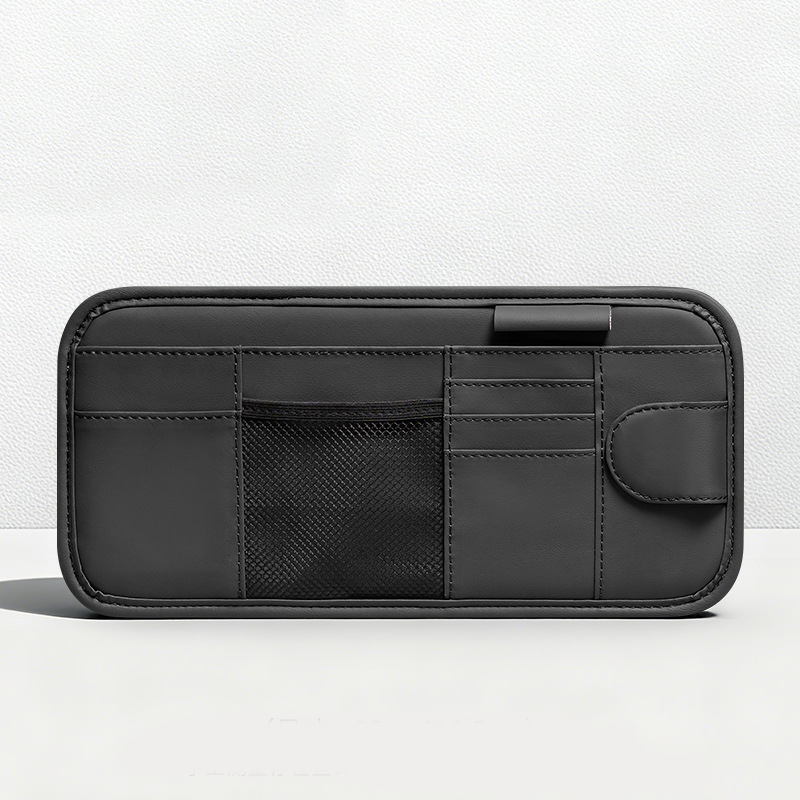 Car Sun Visor Leather Organizer Pouch with Magnetic Sunglasses Clip