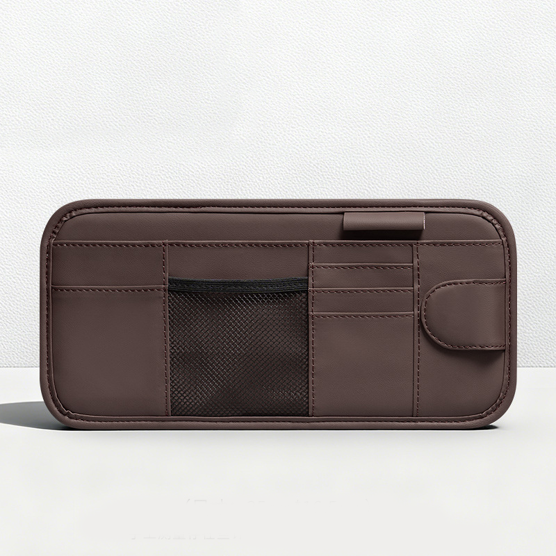 Car Sun Visor Leather Organizer Pouch with Magnetic Sunglasses Clip