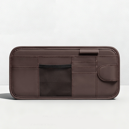 Car Sun Visor Leather Organizer Pouch with Magnetic Sunglasses Clip