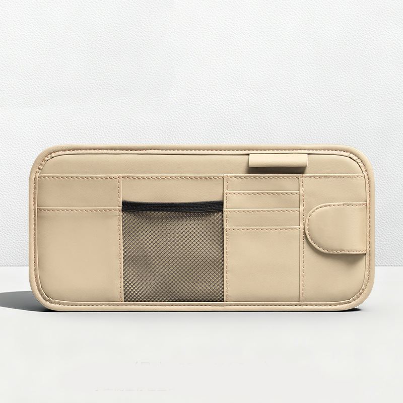 Car Sun Visor Leather Organizer Pouch with Magnetic Sunglasses Clip