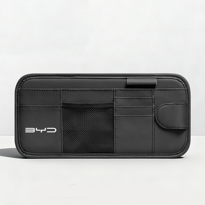 Car Sun Visor Leather Organizer Pouch with Magnetic Sunglasses Clip