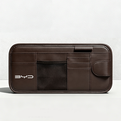 Car Sun Visor Leather Organizer Pouch with Magnetic Sunglasses Clip
