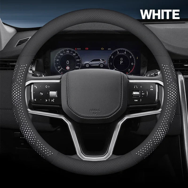 Ultra-Thin Breathable Genuine Leather Steering Wheel Cover with Anti-Slip Grip
